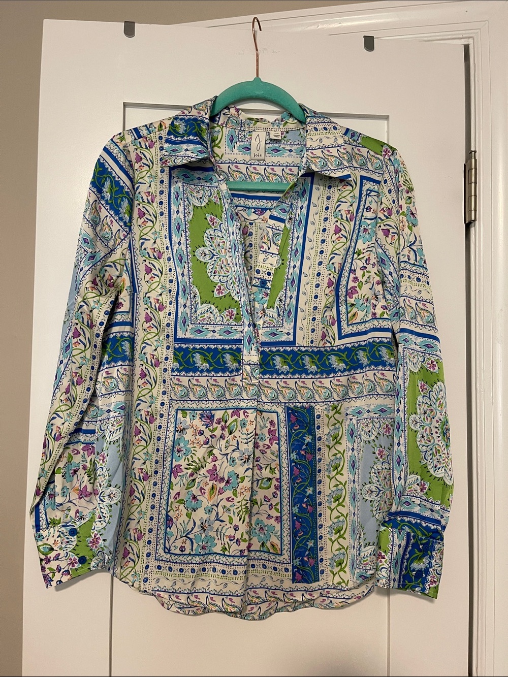 Joie Mixed Floral Patchwork Button-Down Tunic in Blue, Green & Cream